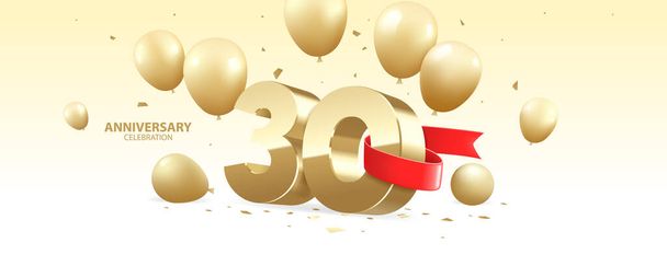 30th Year anniversary celebration background. 3D Golden number wrapped with red ribbon with  confetti and golden balloons. - Vetor, Imagem