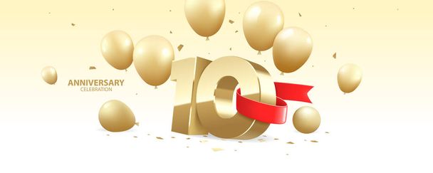10th Year anniversary celebration background. 3D Golden number wrapped with red ribbon with  confetti and golden balloons. - Vetor, Imagem