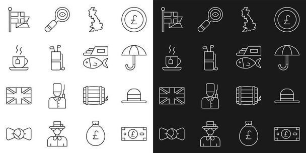 Set line Pound sterling money, Elegant women hat, Umbrella, England map, Golf bag with clubs, Cup of tea tea, flag flagpole and Fish chips icon. Vector - Vector, Imagen