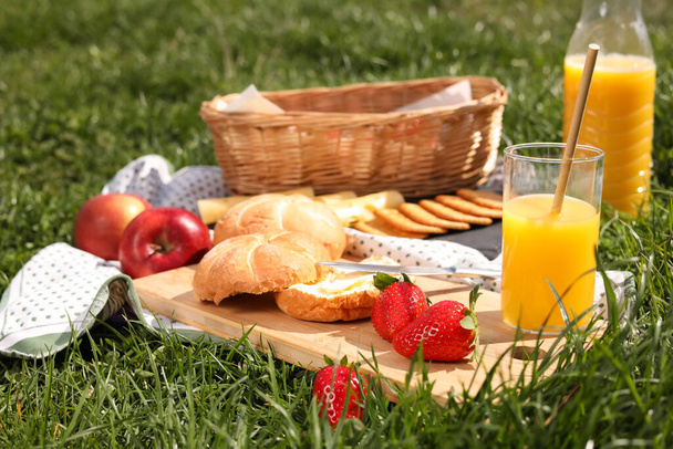 Yeşil çimenlerde piknik yapmak için meyve suyu ve atıştırmalık battaniye. - Fotoğraf, Görsel