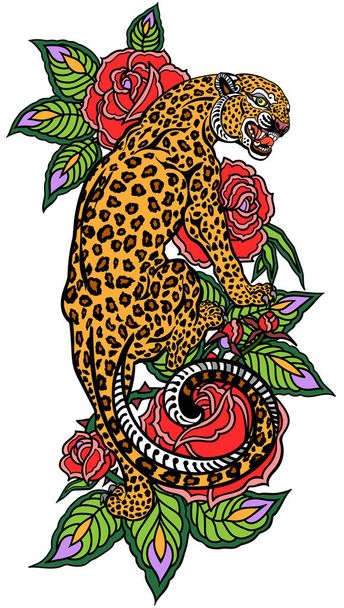 Aggressive roaring leopard climbing up and blooming roses. Angry spotted panther. Tattoo style vector illustration isolated on white - Vektori, kuva