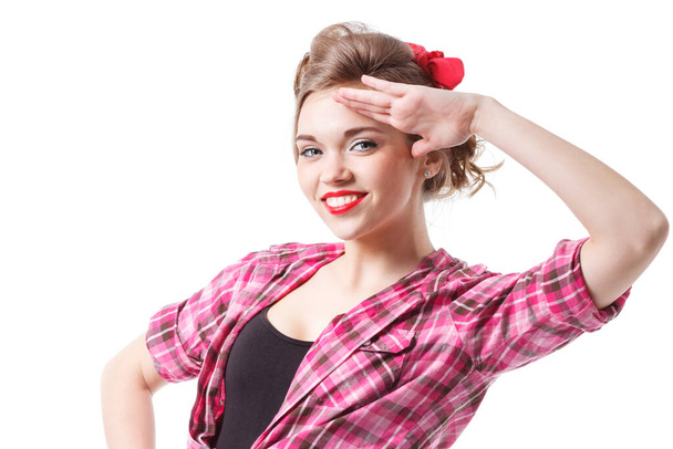 Боковой профиль фото молодой привлекательной позитивной девушки держать за руку лоб взгляд в подражательном пространстве изолированы на розовом фоне цвета - Фото, изображение