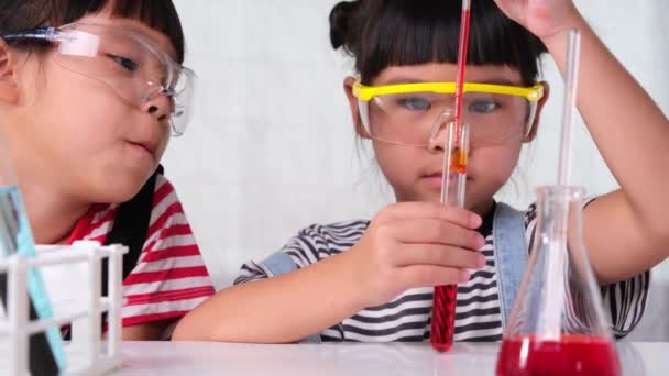 Les enfants apprennent et font des expériences scientifiques en classe. Deux petites sœurs qui font des expériences scientifiques pour l'école à domicile. Expériences scientifiques faciles et amusantes pour les enfants à la maison. - Séquence, vidéo