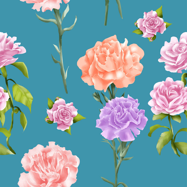 Set of carnations flower watercolor style vector illustration  seamless background on ocean color - Вектор,изображение