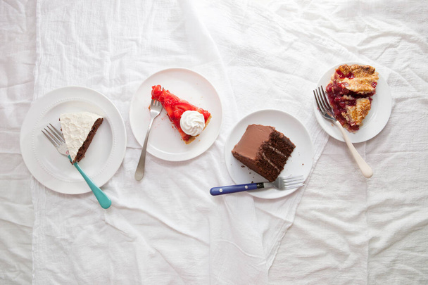 Four Plated Desserts, Cake and Pie with Forks  - Zdjęcie, obraz