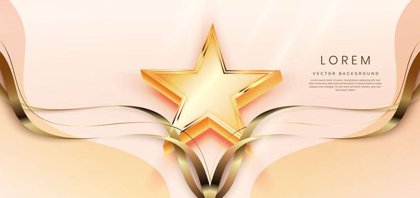 3d golden star with golden ribbon curved on soft rose gold background. Template luxury premium award design. Vector illustration - Wektor, obraz