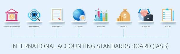 International accounting standards board IASB banner with icons. Financial markets, standards, transparency, economy, analysis, finance, business, report icons. Web vector infographics in 3d style - Vector, afbeelding