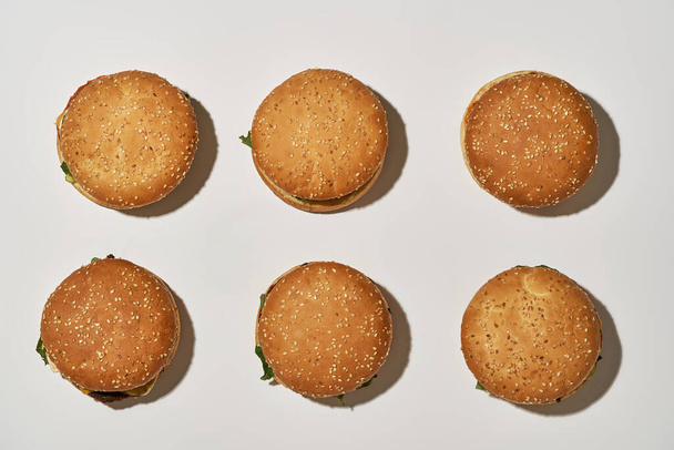 Top view of two rows with six appetizing burgers - Zdjęcie, obraz