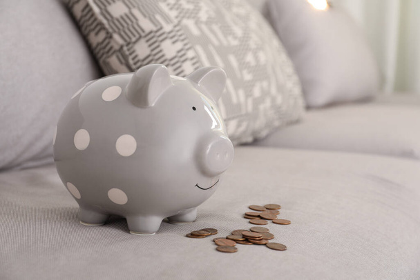 Grey piggy bank and coins on sofa - Fotoğraf, Görsel