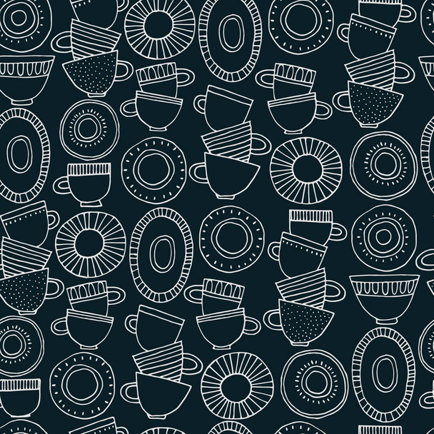 Seamless pattern. Hand drawn cups, plates and saucers decorated with patterns in Scandinavian style. Hot drinks, Pottery, holidays concept. For wrapping paper, other design projects - Vector, Image