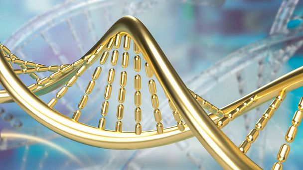 医学や教育の概念のための科学的背景の金のDNA 3Dレンダリング - 写真・画像