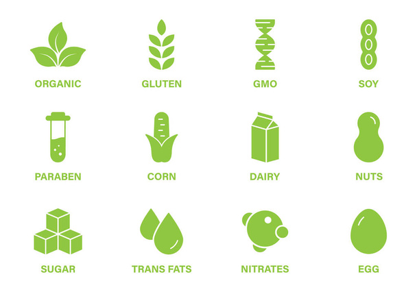 Producto alimenticio vegano Silhouette Green Icon Set. Signo de Ingrediente Orgánico de Alergia. Gluten, Sugar, Trans Fat, Corn, GMO, Dairy, Nitrates, Soy, Milk, Nuts, Egg and Paraben. Ilustración vectorial aislada - Vector, imagen
