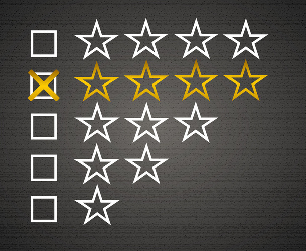 Five matted yellow web button stars ratings with reflection. Black background. - Вектор, зображення