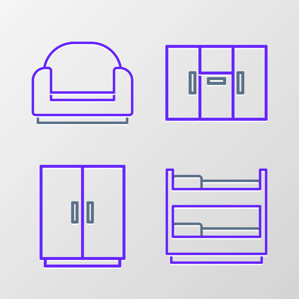 Set-Line Etagenbett, Kleiderschrank und Sessel-Symbol. Vektor - Vektor, Bild