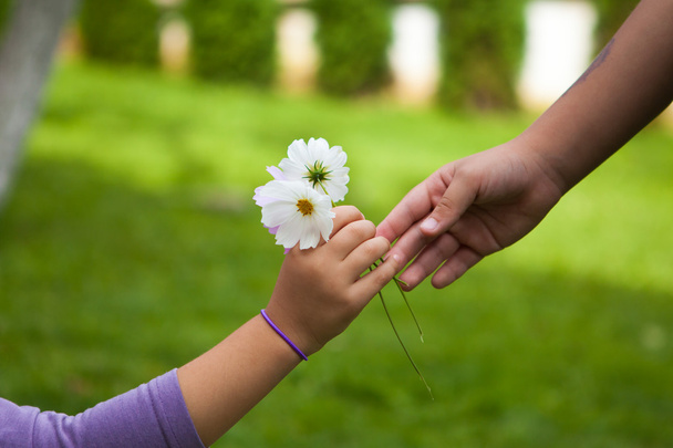 Dziecko za rękę daje kwiaty jej przyjaciel - Zdjęcie, obraz