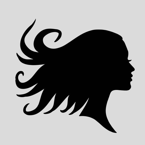 sziluett vagy ikon egy gyönyörű nő gyönyörű áramló haj, amely nagyon alkalmas arra, hogy használják, mint egy szalon logó vagy hajápolás - Vektor, kép