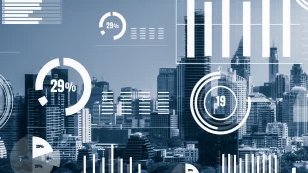 Аналитический интерфейс бизнес-данных пролетает над умным городом, показывая будущее изменений - Кадры, видео