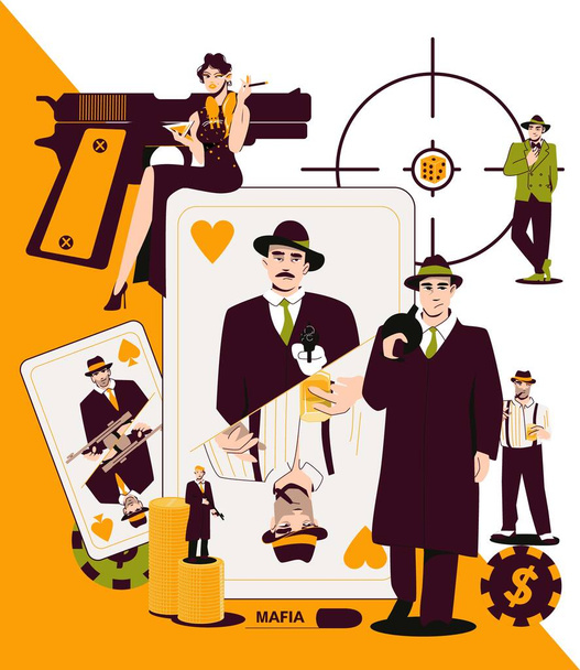Fondo plano de la mafia con elementos de casino atributos pistola y personas en negro vector de ropa ilustración - Vector, Imagen