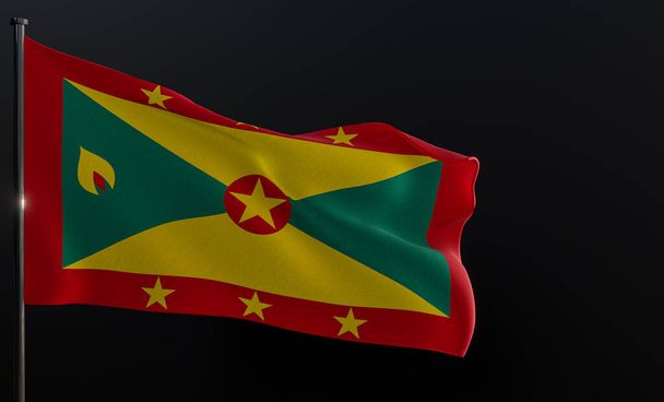 Σημαία Γρενάδα. Σημαία υφάσματος Γρενάδα στο μαύρο φόντο. Αντιγραφή χώρου. 3D έργο και 3D εικονογράφηση - Φωτογραφία, εικόνα