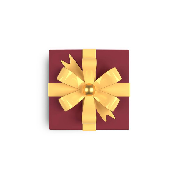 Gift box with bow isolated on white background with clipping path. Cardboard box with gift wrap and ribbon for birth day, xmas, christmas, new year, anniversary or special day. Top view. 3D rendering. - Fotoğraf, Görsel