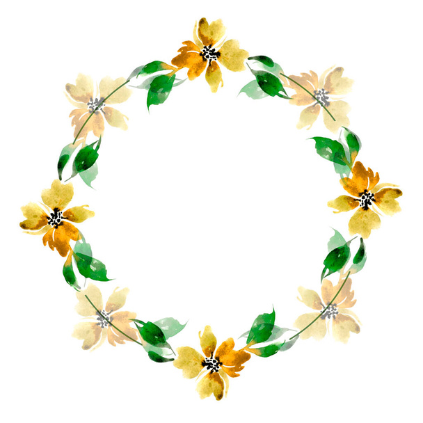 Kukat koostumus. Seppele valmistettu eri keltaisia kukkia valkoisella taustalla. Kevät, kesä, pääsiäinen. Tasainen lay, ylhäältä näkymä, kopioi tilaa
 - Valokuva, kuva