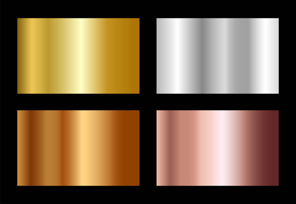 Set of gold silver and bronze gradients. Gold, silver, bronze, copper foil gradation background set. Vector metalic gradient collection isolated on black background.  - Vector, Image