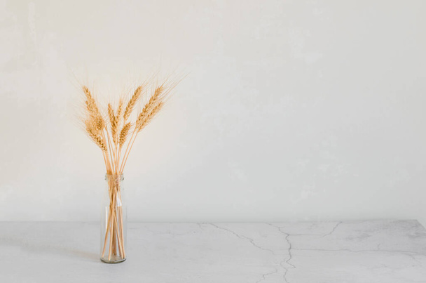 Bouquet of wheat spikelets in a bottle on the table, hard shadows. Natural home decor, copy space, mockup - Zdjęcie, obraz