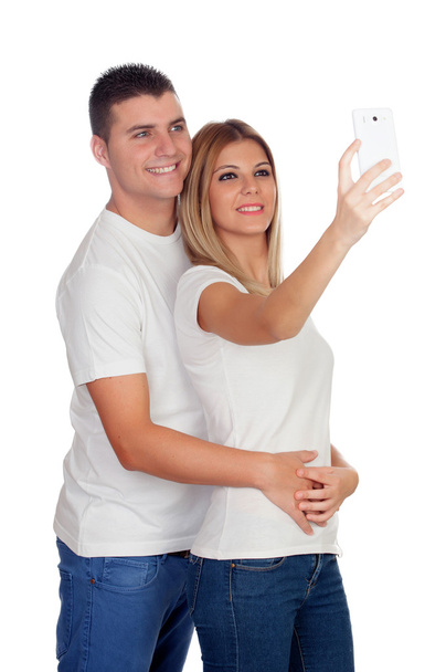 Paar nemen een selfie op mobiele telefoon - Foto, afbeelding