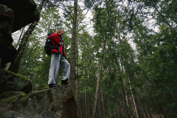 Female traveller on rock enjoying view of green forest - Zdjęcie, obraz