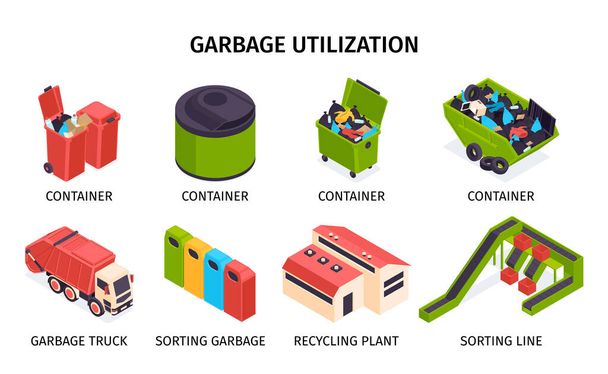 Ισομετρική έγχρωμη εικόνα ανακύκλωσης σκουπιδιών που με διαφορετικούς τύπους και μεγέθη δοχεία σκουπιδιάρικο διαλογή τεφροδόχους ανακύκλωσης μονάδα διανυσματική απεικόνιση - Διάνυσμα, εικόνα