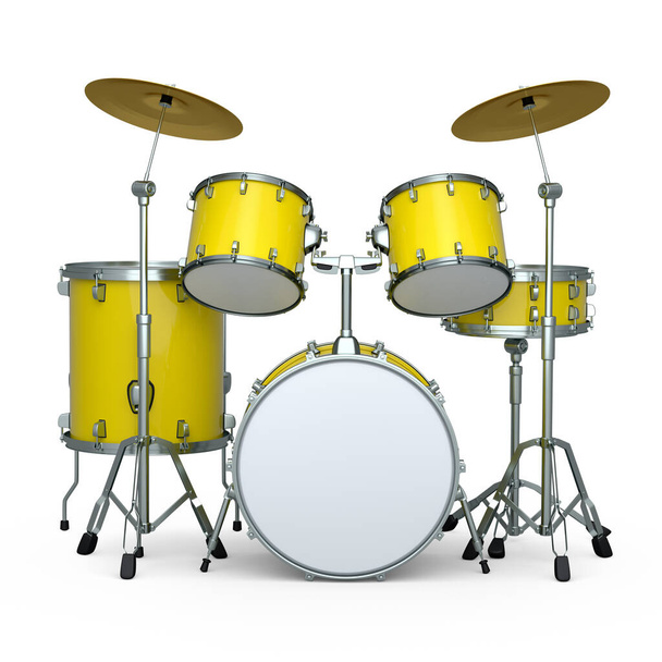 Set of realistic drums with metal cymbals on white background. 3d render concept of musical percussion instrument, drum machine and drumset - 写真・画像