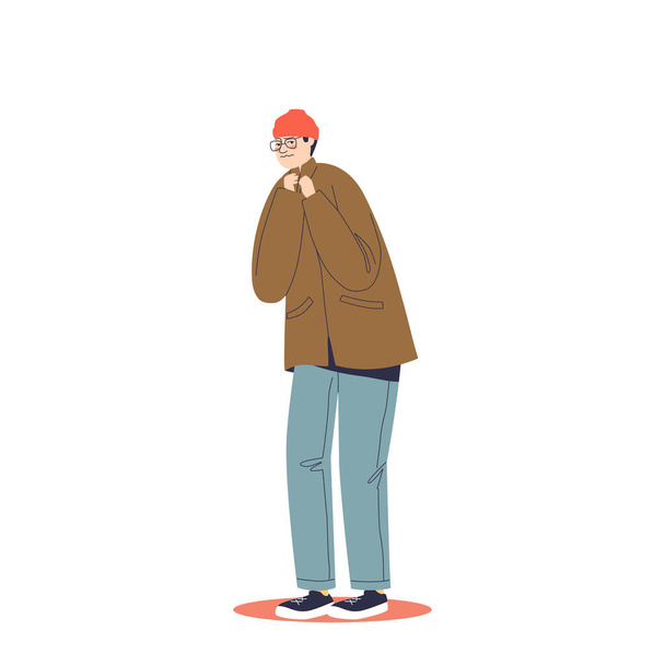 Нещасний заморожений молодий чоловік у пальто і капелюсі страждає від холодної погоди на відкритому повітрі
 - Вектор, зображення