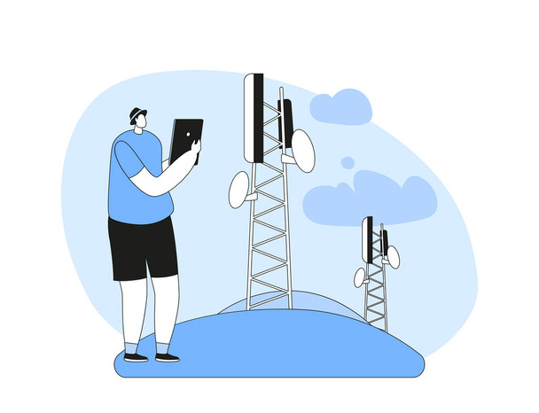 Communicatie 5G-diensten voor gadgets, slimme technologieën. Man met Tablet Pc Stand in de buurt van Transmissie Toren - Vector, afbeelding
