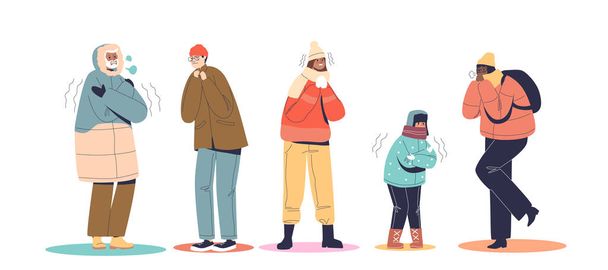 Eine Gruppe von Menschen trägt warme Welkkleidung und fröstelt vor Kälte, zittert, umarmt den Körper - Vektor, Bild