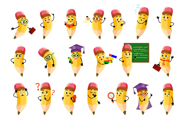 Набор мультяшных желтых карандашей школьные персонажи с улыбкой лица различные смайлики и ластик - Вектор,изображение