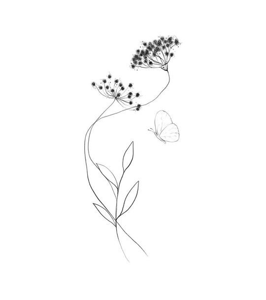 植物性のアウトライン野花花束。手描き花抽象鉛筆スケッチ - 写真・画像