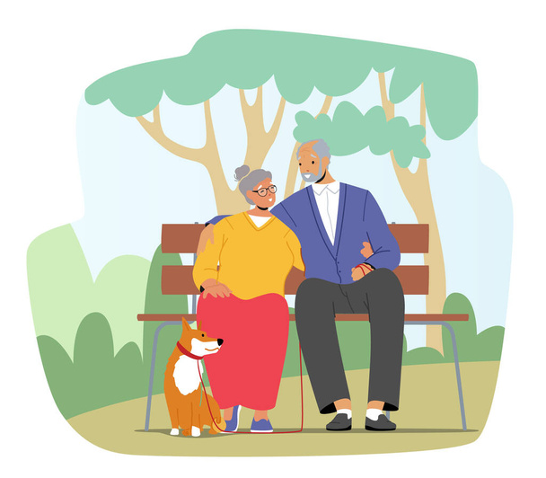 Starší jedinci Pár postav tráví čas se psem v City Parku. Šťastný úsměv starší muž a žena sedí na lavičce - Vektor, obrázek
