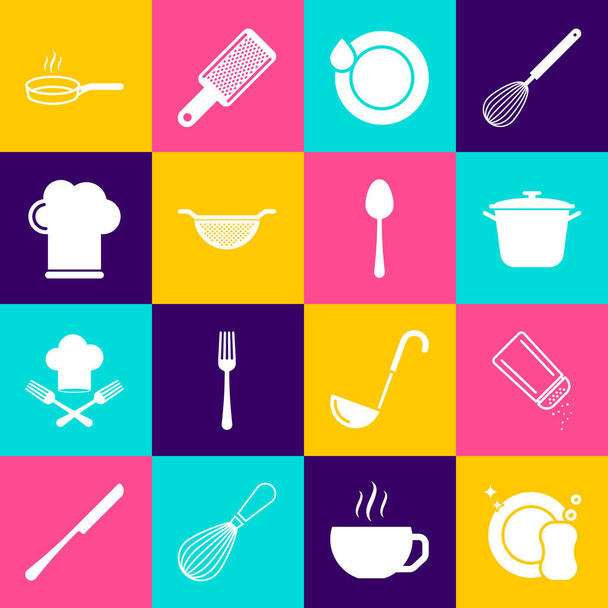 Set Washing dishes, Salt and pepper, Cooking pot, Kitchen colander, Chef hat, Frying pan and Spoon icon. Vector - Vetor, Imagem