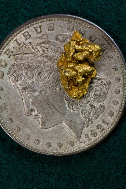 6 Gram Australian Gold Nugget on United States Silver Dollar - Foto, afbeelding