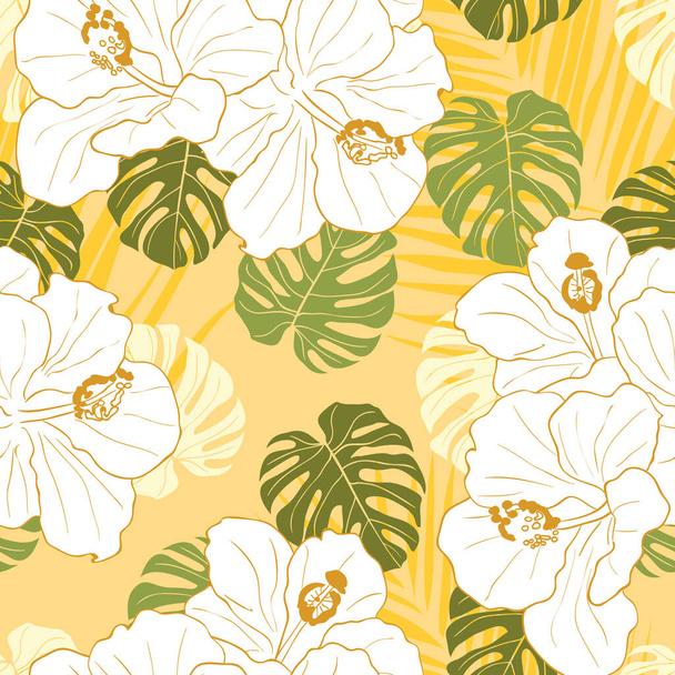 Hibiscus flowers and leaves seamless pattern background. Tropical nature wrapping paper or textile design. Beautiful print with hand-drawn exotic flower. - Vector, Image