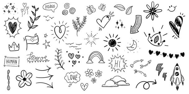 Design de amor doodle desenhado à mão. Corações, amor e elementos. - Vetor, Imagem