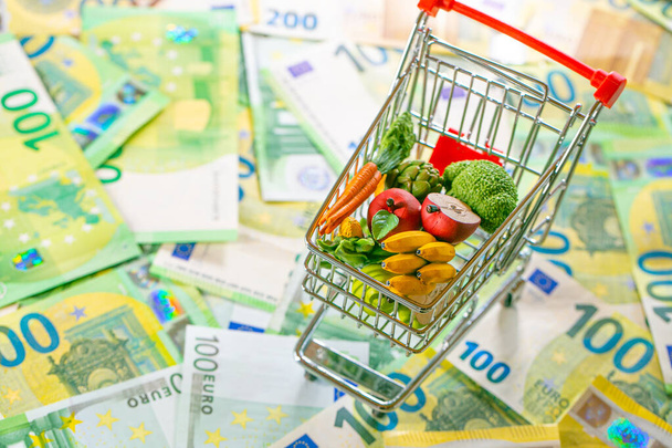 Food prices in Europe. Grocery basket in Europe.food crisis. Rising food prices in the European Union. supermarket trolley with groceries on euro banknotes background.Food basket in Eurozone - Foto, Imagem