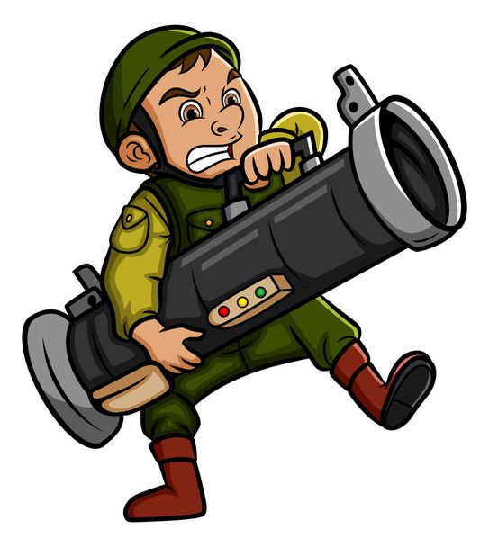 O soldado zangado está atirando com a bazuca da ilustração - Vetor, Imagem