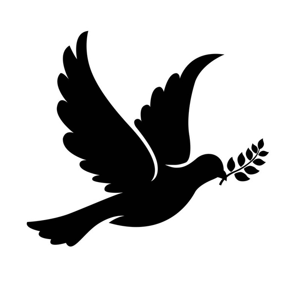 Dove peacemaker silhouette, vector. Dove illustration, symbol of peace. Flying dove holding branch isolated on white. Flying bird silhouette. - Wektor, obraz