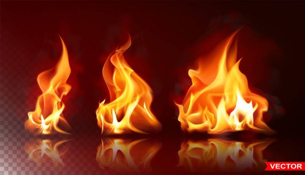 Realistic burning fire flames with shiny bright elements. Isolated on black background. Power, fuel and energy symbol. Layered vector icon set. - Vettoriali, immagini