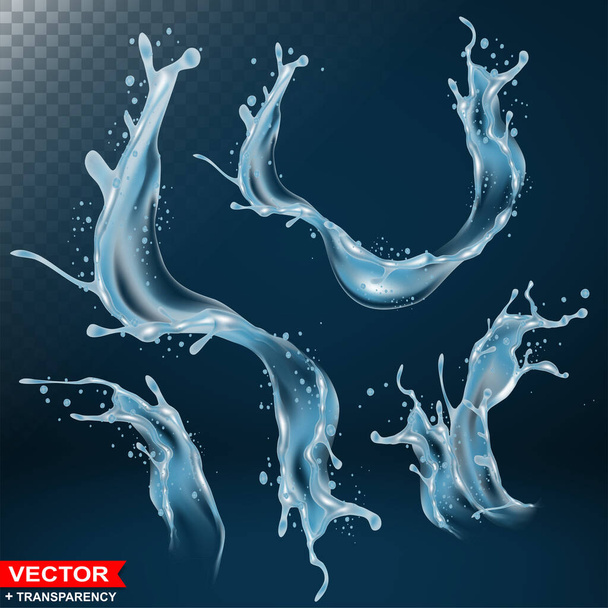 Realistic water splashes, bursts and wave with drops and blots. Pouring liquid on dark blue background. Layered vector with transparency. - Вектор,изображение