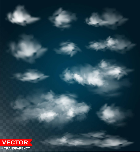 Photorealistic white natural rain clouds. On blue sky background. Transparent vector set. - Vettoriali, immagini