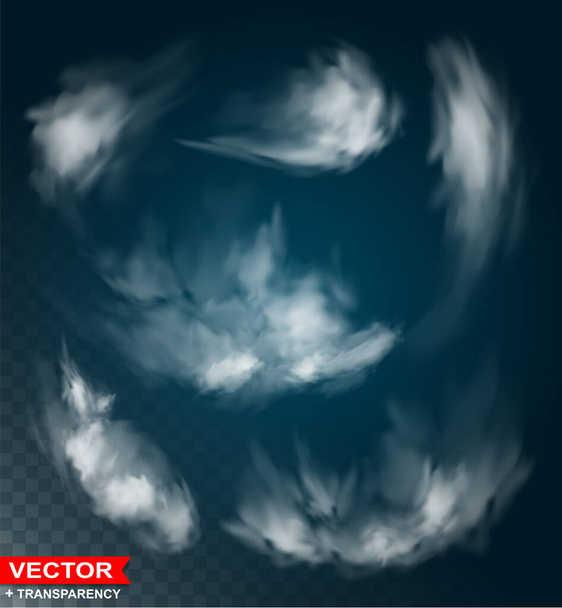 Photorealistic white natural storm clouds. On blue sky background. Transparent vector set. - Vector, Image