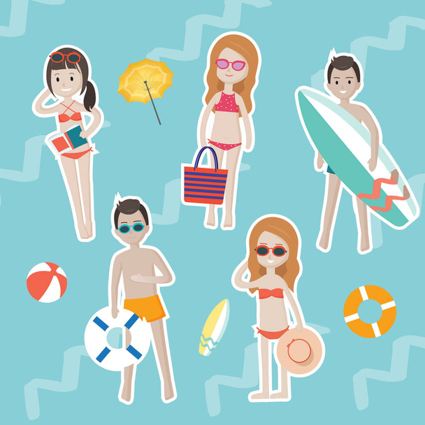 Set of cartoon people characters in summer swimsuits with beach accessory icons - Vector, Image