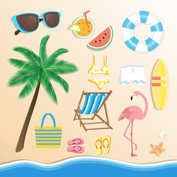 Set of colorful beach accessories and summer element vector icons - Wektor, obraz